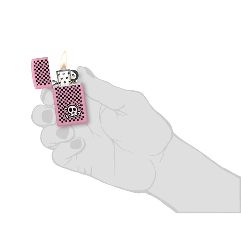 Zippo Slim Pink Matte Pocket Lighter, Checkered Skull Design