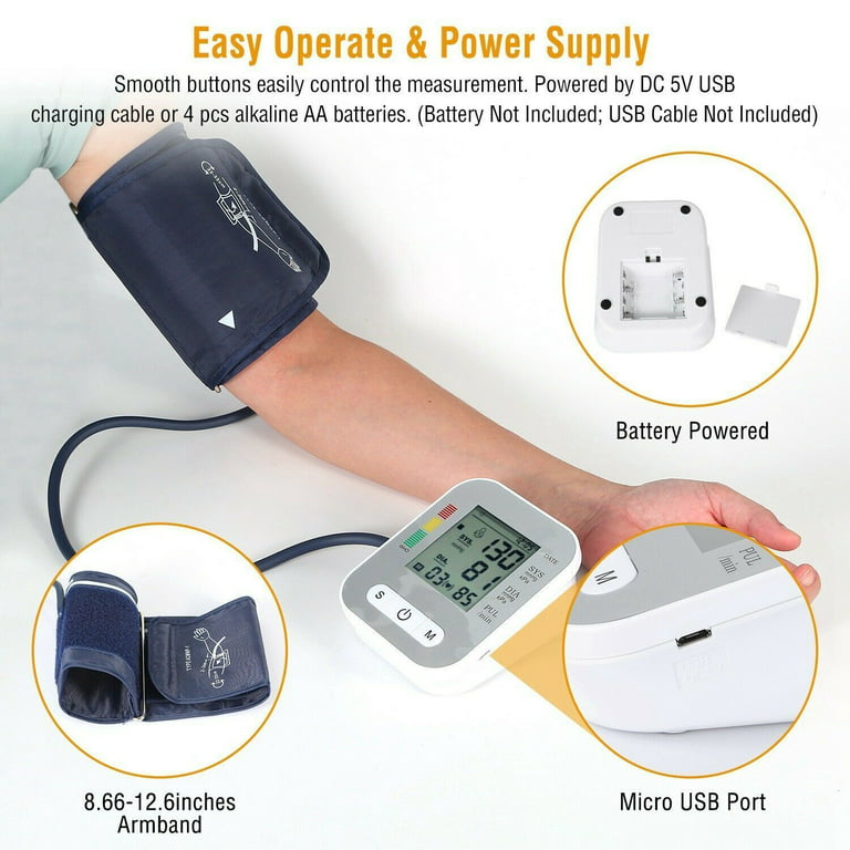 Upper Arm Blood Pressure Monitor, USB Rechargeable Accurate Automatic Arm  Cuff Digital BP Machine with Power Cable, Large LCD Display, Voice