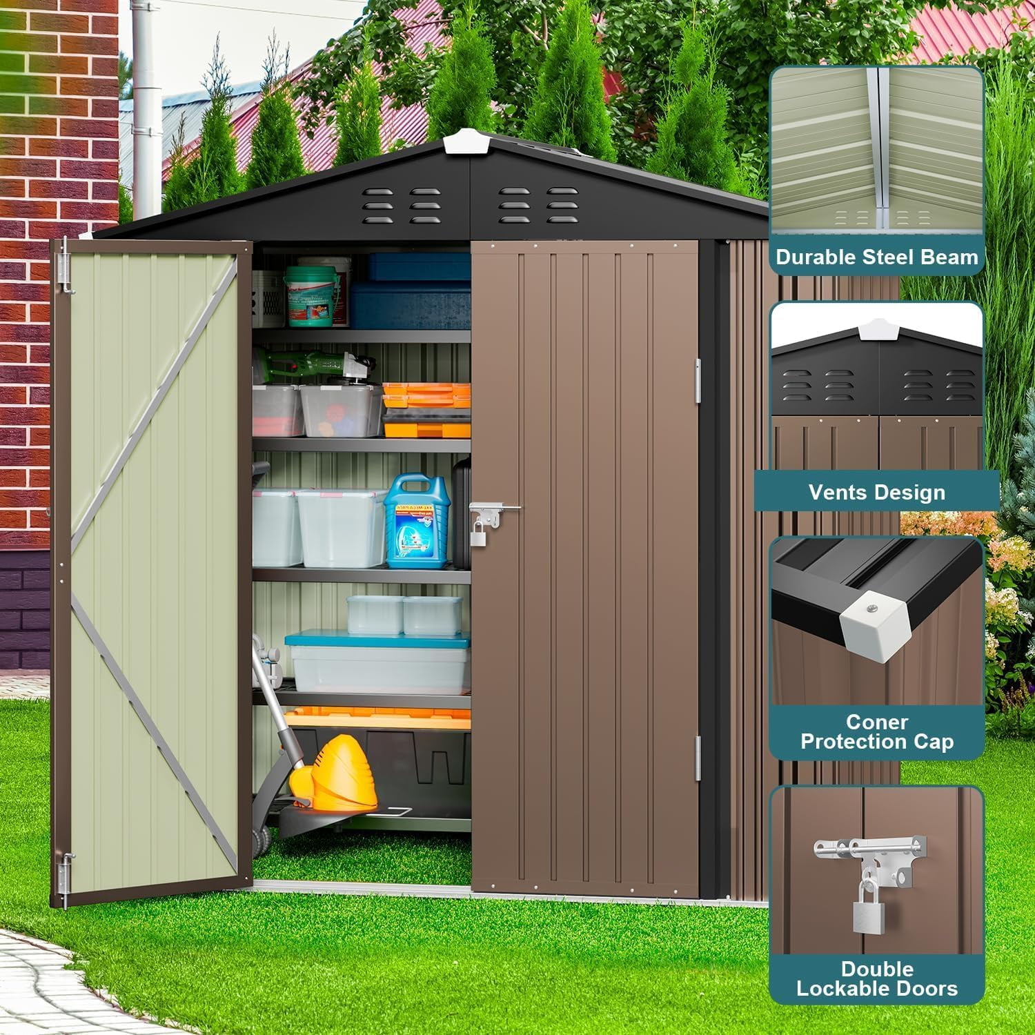 Lofka 6' x 4' FT Outdoor Storage Shed, Outside Metal Tool Shed with Lockable Doors ,Light Brown