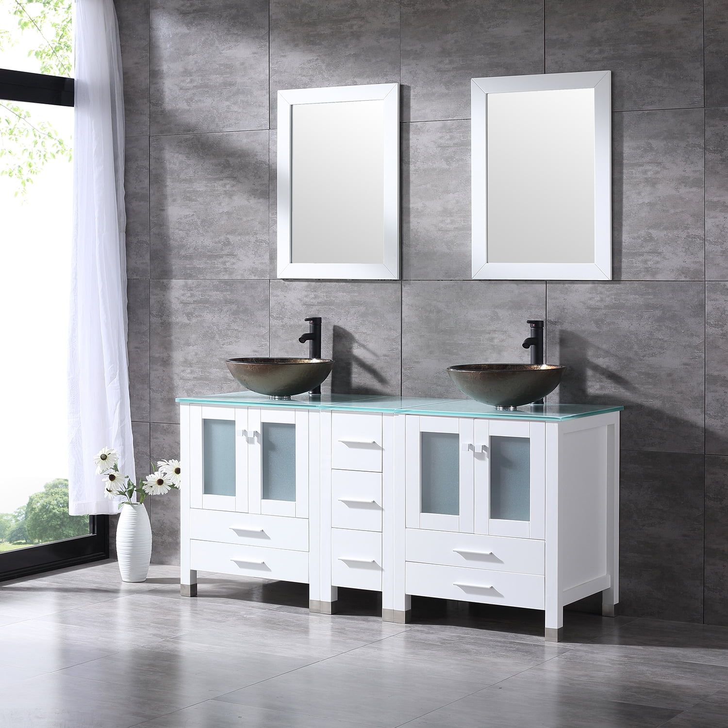 Details about   24" Bathroom Vanity Brown Square Vessel Glass Sink Set ORB Faucet Cabinet Combo 