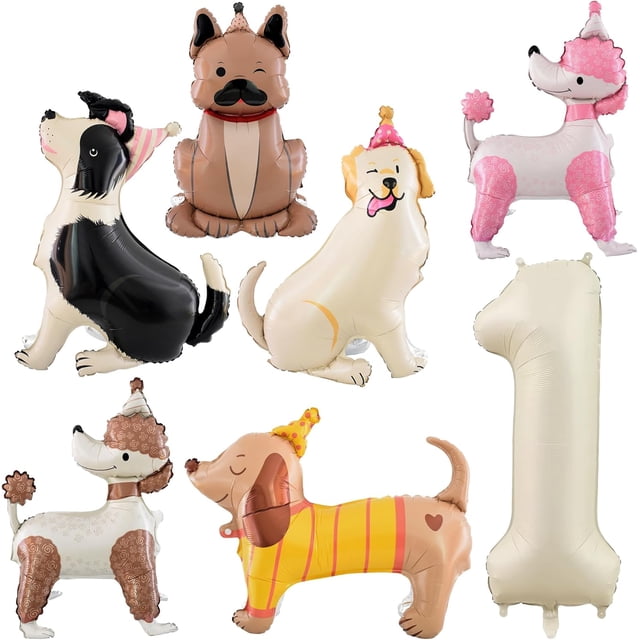 Yanonmyfd 7pcs Dog Balloon Set – Dog 2nd Birthday Decorations Cute Puppy Foil Mylar Animal Balloons with Number 2 for Dog Themed Birthday Party Baby Shower,Number 1
