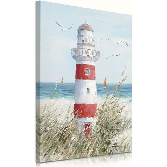 Beach Decor Lighthouse Wall Art: Seagull Decor Ocean Canvas Prints Sea birds Paintings Sailboats Pictures Teal Seascape Decorations for Home Living Room Office Easy to Hang 12" x 16" Framed