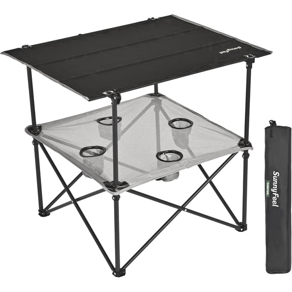 Sunnyfeel Folding Camping Tables with Shelf and 4 Cup Holders, Black
