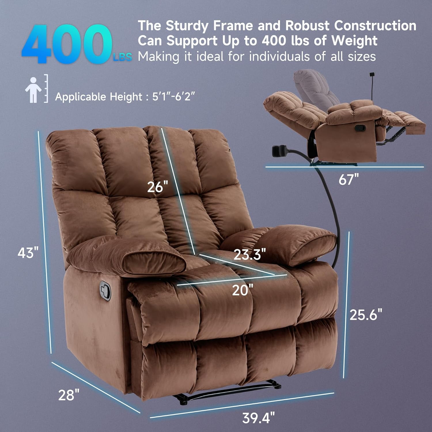 Oversized Recliner Chair 350 lb Weight Capacity, Home Oversized Velvet Manual Chair Recliner Overstuffed Arms and Back for Home Theater Living Room Brown