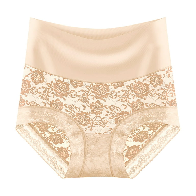 CLZOUD Panties for Women Beige Polyester Spandex Womens High Waisted Lace  Body Fitting Underwear Comfortable Large Underwear L