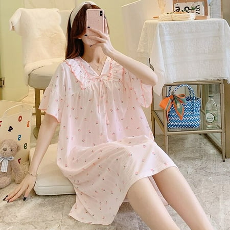 

DanceeMangoo Spring Summer Thin Cotton Womens Sleepwear Short Leisure Sleepshirt Long Print Ladies Nightgown Shirt Girl Outwear Nightdress