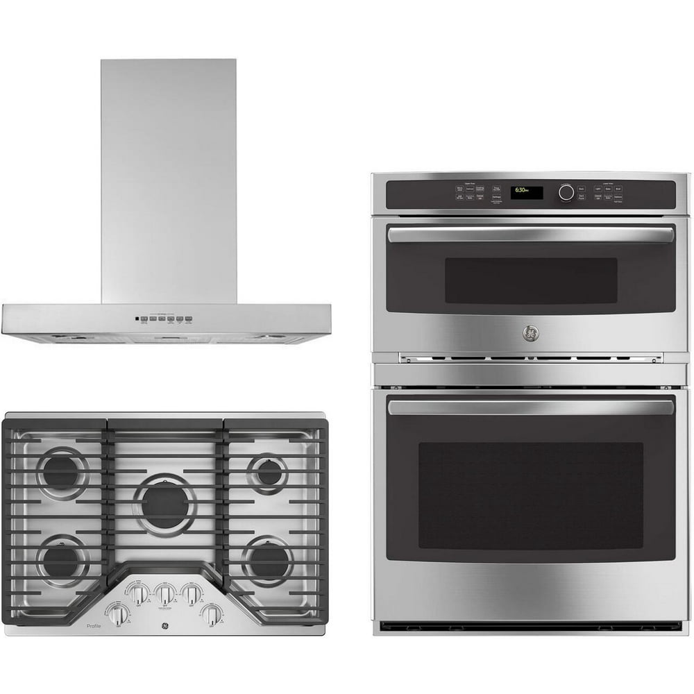 GE Profile 3 Piece Kitchen Appliances Package with PT7800SHSS 30" Electric Double Wall