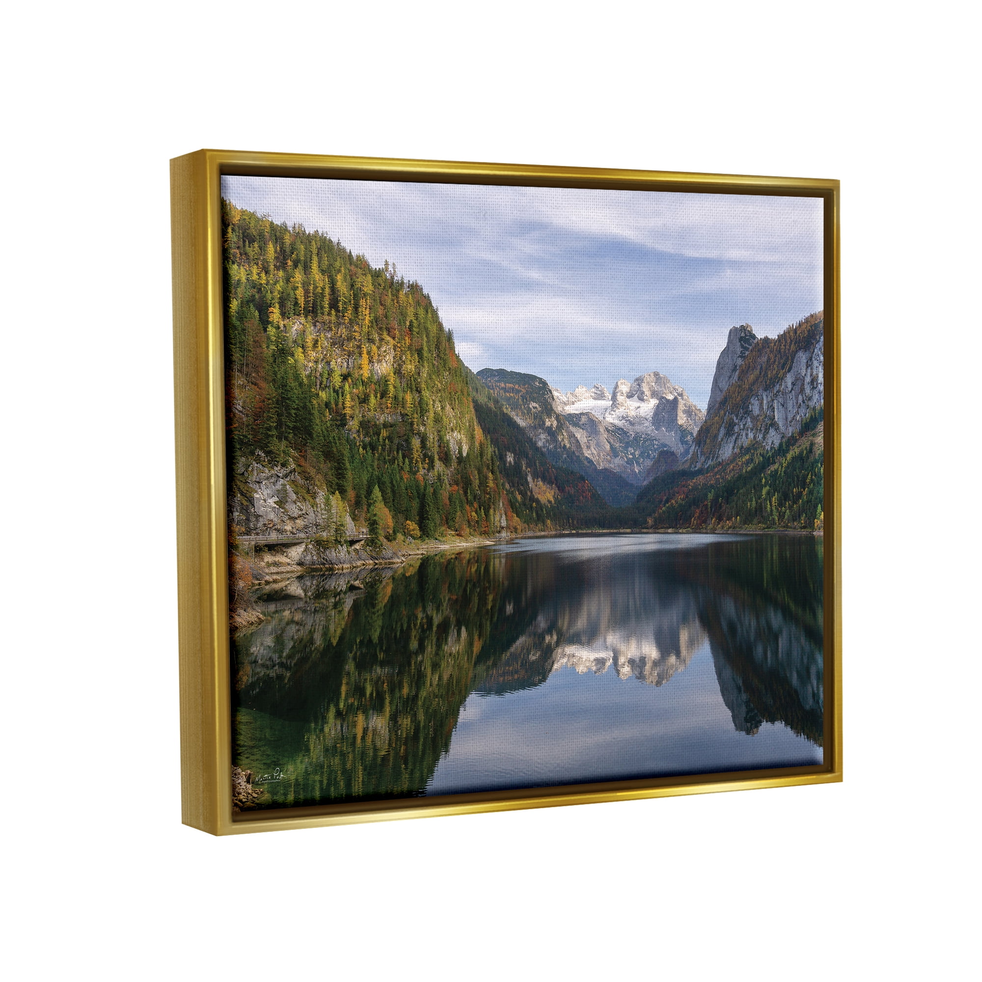 Stupell Peaceful Mountain Lake Reflection Landscape Photography Gold Floater Framed Art Print Wall Art
