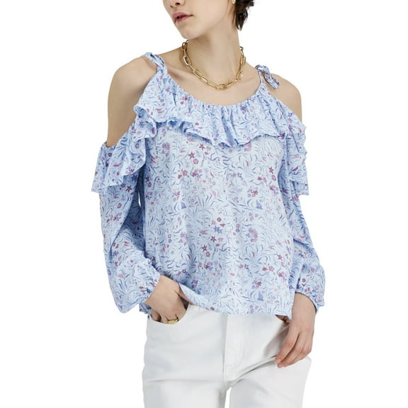 INC International Concepts Ruffle Trim Cold Shoulder Blouse Petite Giselle M