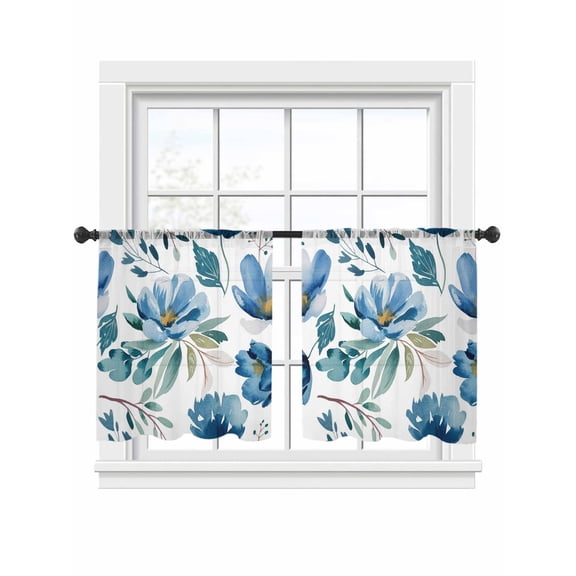 Blue Green Floral Sheer Curtains 45 inches Long, Vintage Watercolor Pastoral Flower Leaf Light Filtering Sheer Window Curtains Rod Pocket Voile Drapes for Bedroom Living Room, 2 Panels 52"W x 45"L