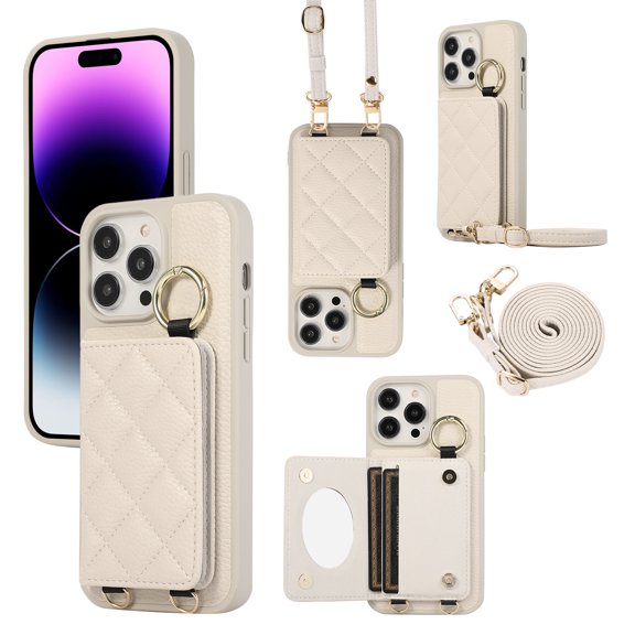 ELEHOLD Case for iPhone 14 Pro Max,Detachable Lanyard Crossbody Leather Wallet Case with Ring Holder & Mirror,White