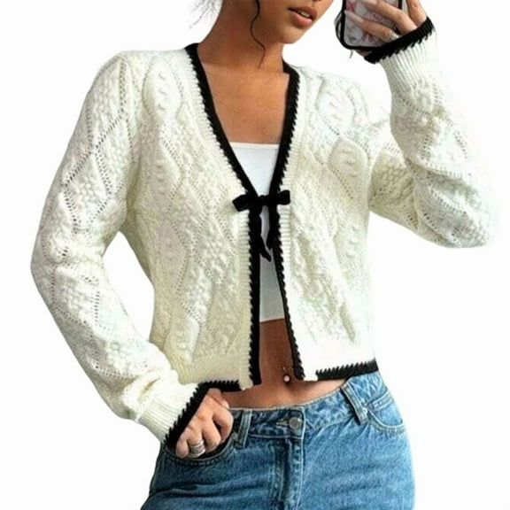 Women'S Tie Front Cropped Cardigan Knitted Cute Long Sleeve Sweater Coat Autumn and Winter Fashionable White S