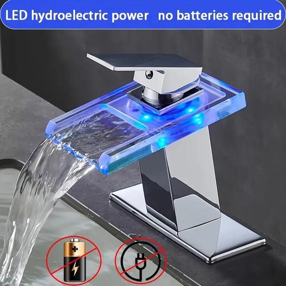 LED Bathroom Sink Faucet Chrome Waterfall Single Hole Handle Vanity Faucet