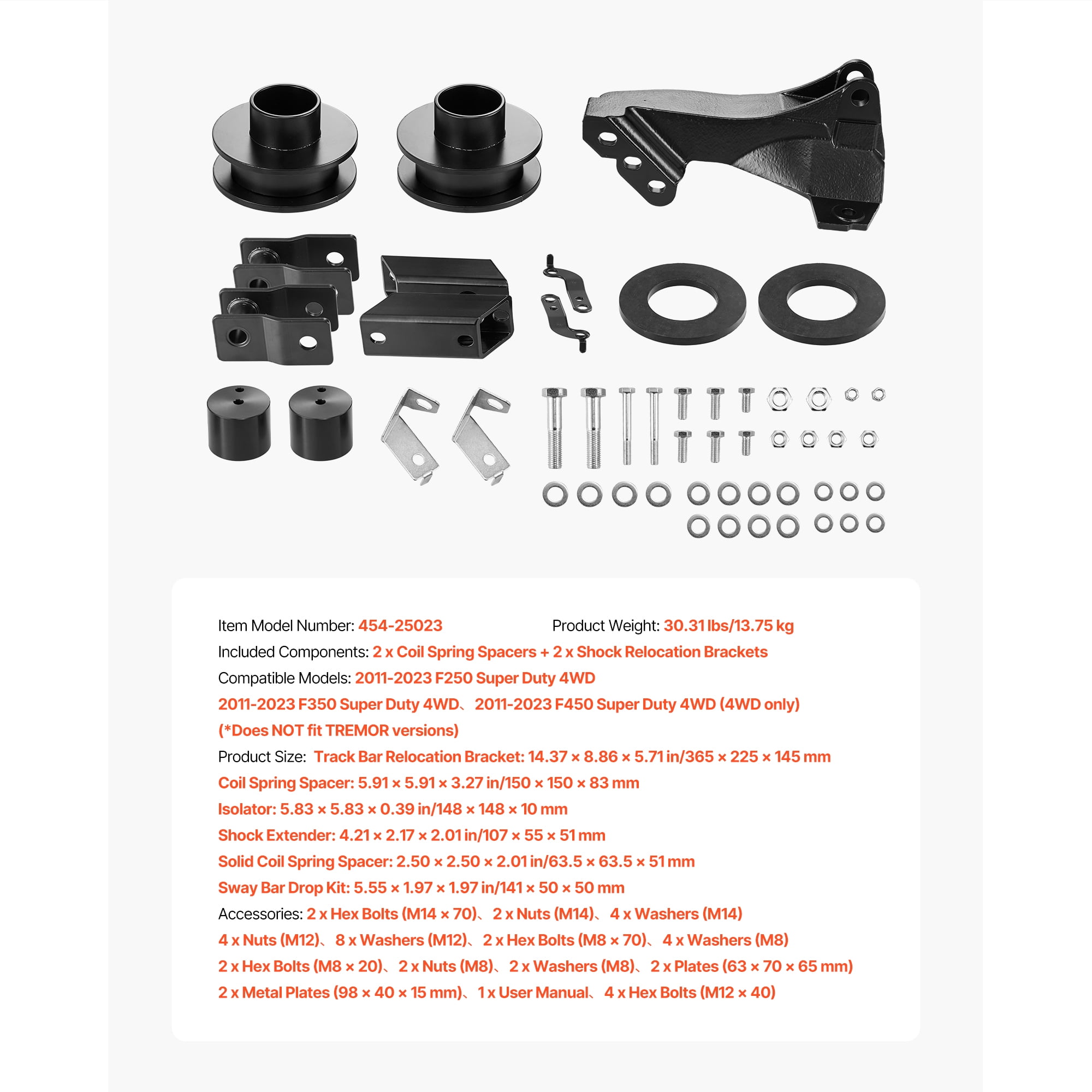 KFFKFF 2.5 Inch Front Leveling Lift Kit for 2011-2023 Ford F250 F350 F450 Super Duty 4WD, Chassis Leveling Kit with Track Bar Bracket, Coil Spacers, Isolators, and Shock Extenders