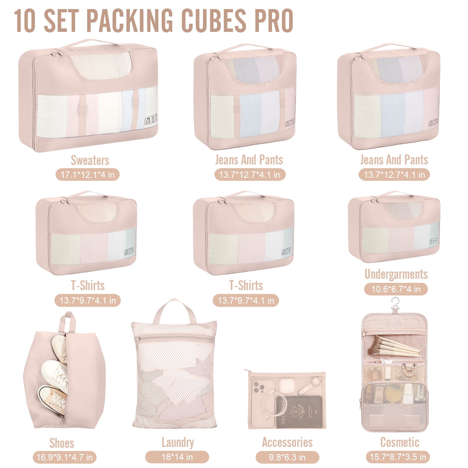 Veken 10 Set Packing Cubes for Travel, Beach Vacation Essentials Accessories for, Suitcase Organizer Bags for Luggage with Hanging Toiletry & Shoe Bag, Birthday Gifts for Women Mom Her