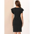 thumbnail image 3 of Unique Bargains Women's Ruffle Sleeve V Neck Ruched Front Work Sheath Bodycon Dresses S Black, 3 of 6