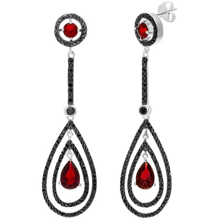 Lesa Michele Red and Black Cubic Zirconia Two-Tone Sterling Silver Teardrop Post Earrings