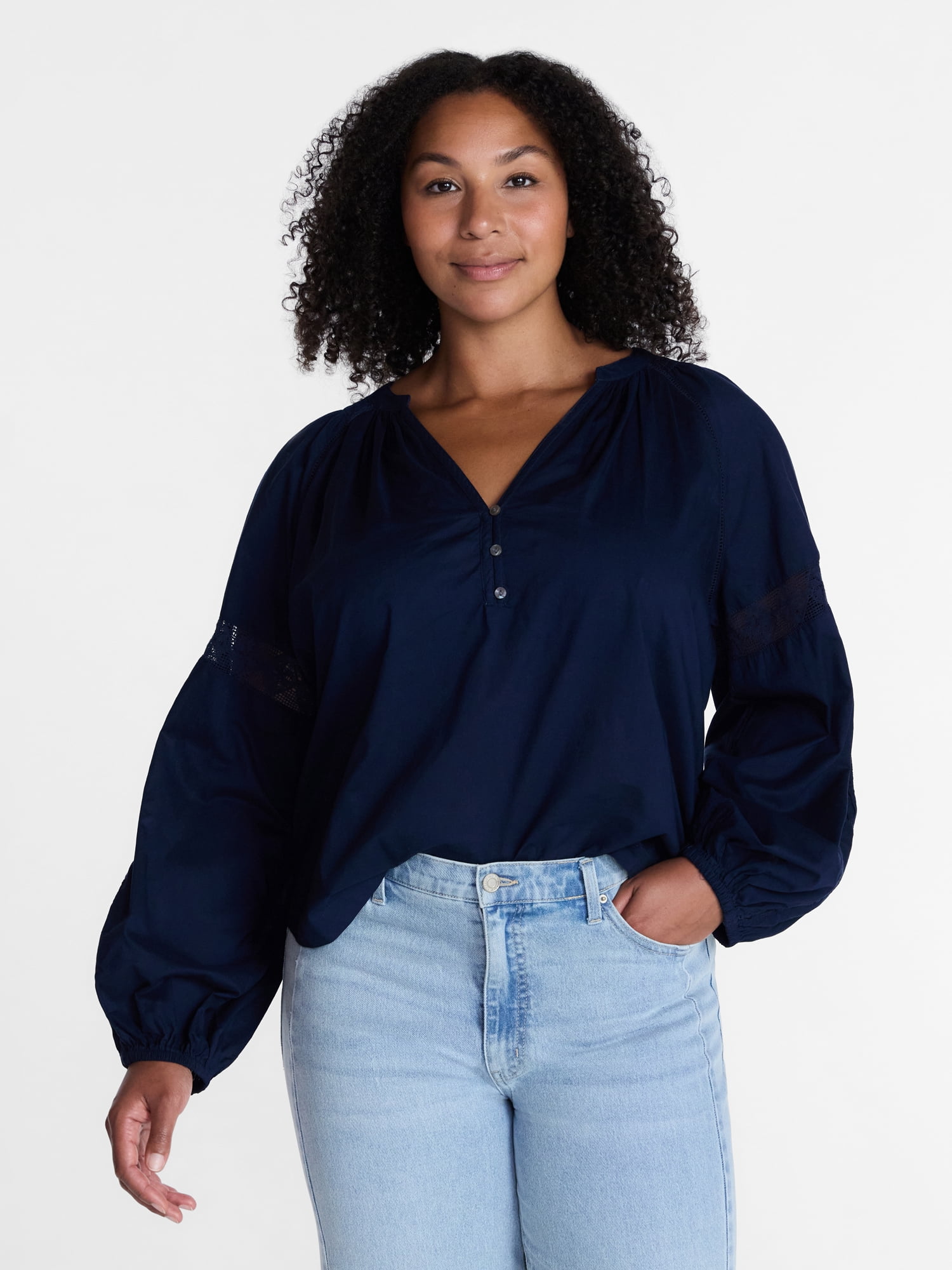Time and True Women's Lace Trim Cotton Top with Bishop Sleeves, Sizes XS-XXL
