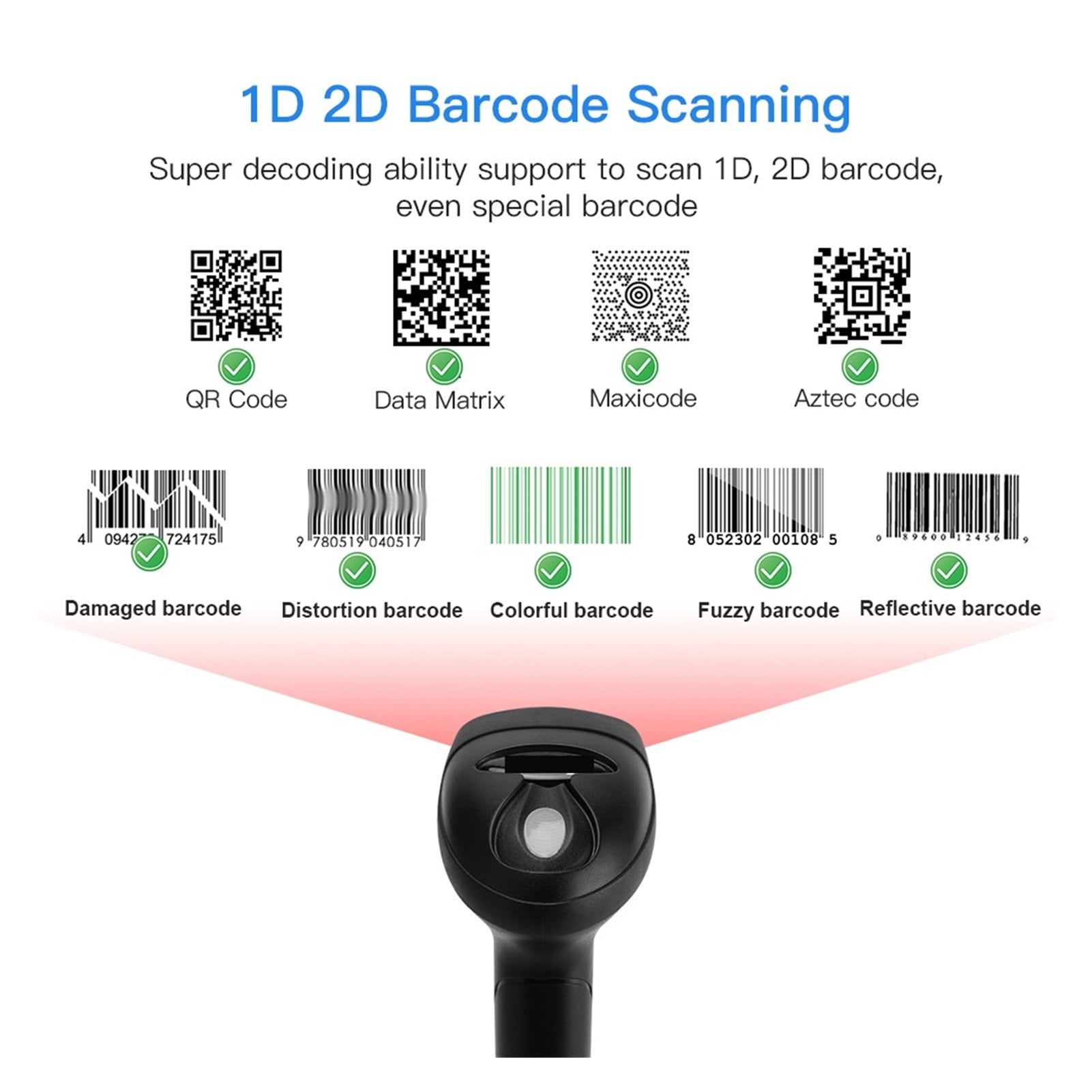 Wired 1D QR 2D Barcode Scanner Handheld USB Wired Bar Codes Reader CCD PDF417 Data Matrix Bar Code Image Automatic Scanner ,Easy to Operate