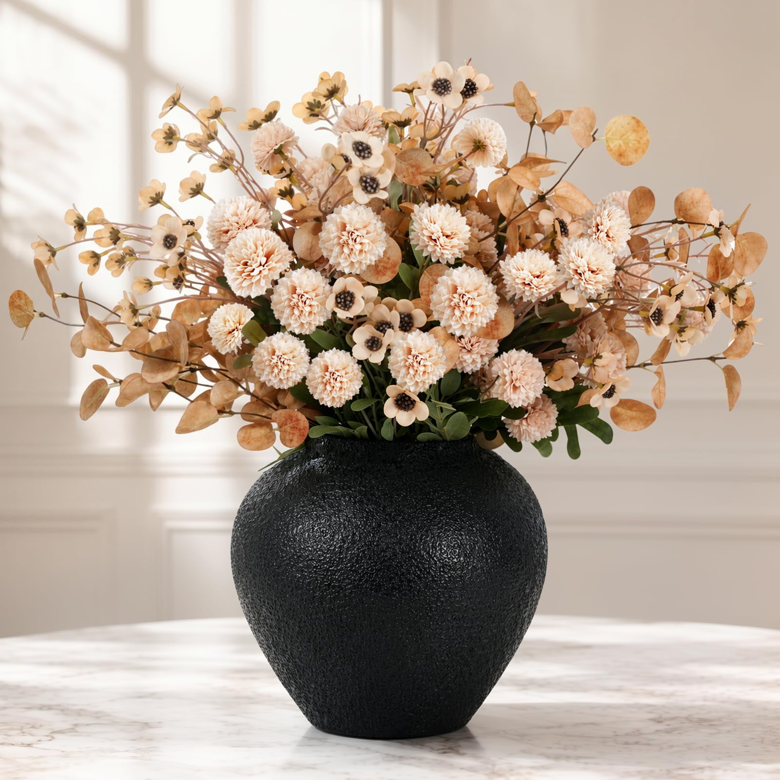 Emibele 24pcs Artificial Flowers Faux Floral Arrangements Home Decor Silk Realistic Faux Mums & Eucalyptus & Wax Flowers with Stems for Vase Fillers DIY Bouquet Fall Table Centerpiece Beige