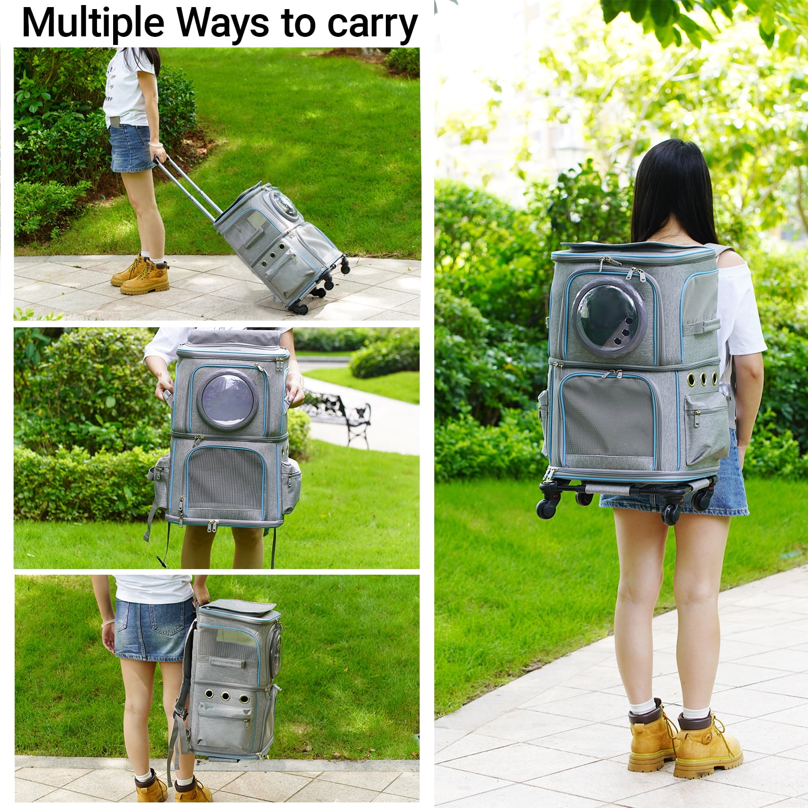 2-in-1 Pet Carrier Backpack for Two Cats or One Dog with Puller & Roller, Double-Layer 2 Compartment Carry Bag to Transport Small Animals Traveling and Hiking, Space Capsule Clear Bubble Dome