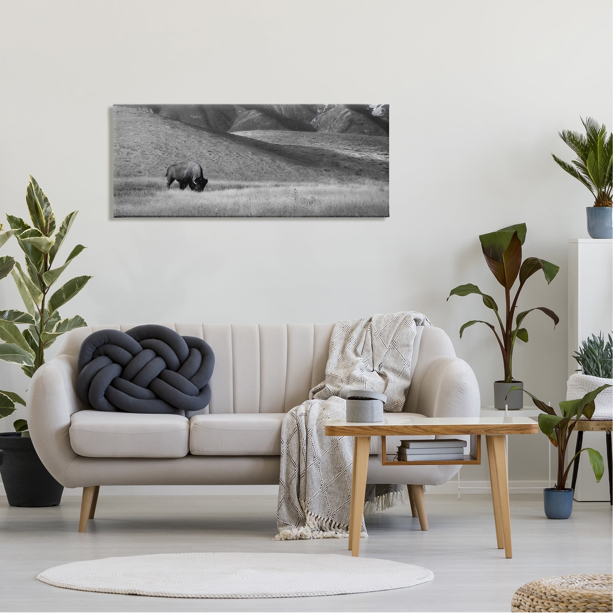 Stupell Industries Bison with Mountain Peaks Landscape Photography Gallery Wrapped Canvas Art Print Wall Art, 48 x 20