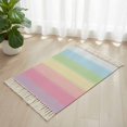 thumbnail image 3 of Rainbow Stripes Bathroom Rug 2'x3', Modern Colorful Cream Striped Aesthetics Low Profile Front Entryway Rug with Tassels, Woven Cotton Washable Kitchen Mat Carpet for Foyer Bedroom Back Door Decor, 3 of 9