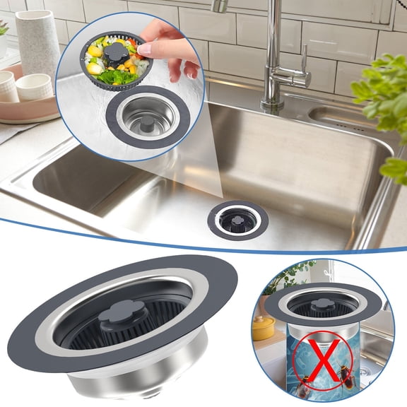3-in-1 Kitchen Sink Strainer Stopper, Stainless Steel Drain Basket, Push-Button Sink Plug for Standard 3.5-Inch Drain