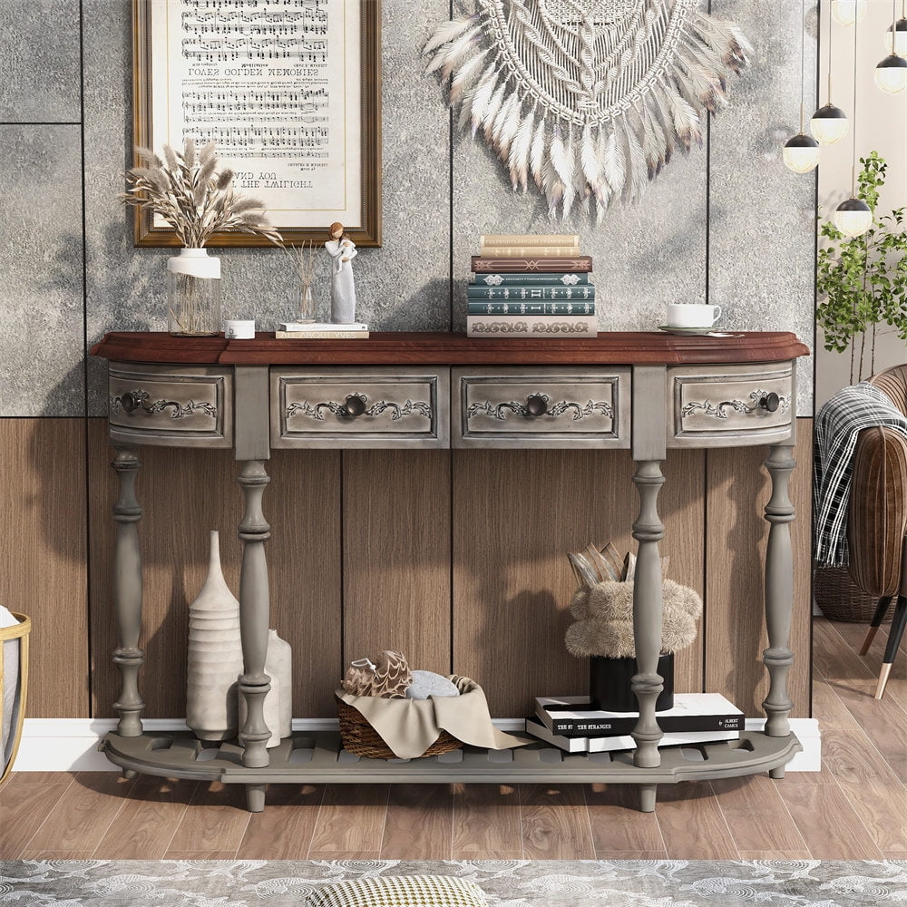 Retro Circular Curved Console Table with 4 Drawers and 1 Open Shelf ...