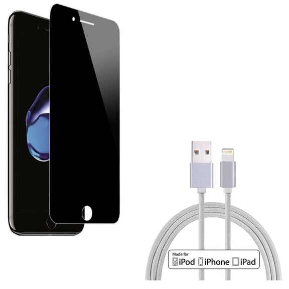 iPhone 8/7/6S/6 - Tempered Glass Privacy Screen Protector w 10ft MFi USB Cable - Curved Anti-Spy Anti-Peep 3D Edge Case Friendly, Certified Charger Cord Power Wire Braided for iPhone 8/7/6S/6