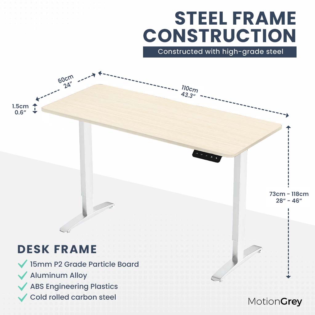 MotionGrey Height Adjustable Electric Motor Sit-to-Stand Standing Office Desk - White Frame with Light BrownTabletop (43"x24")