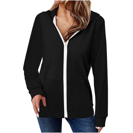 UAMVSH Women s Zip up Hoodie Jackets Loose Fit Long Sleeve Top Coats Fall Casual Lightweight Hooded Outerwear with Pockets(Large Black 1)