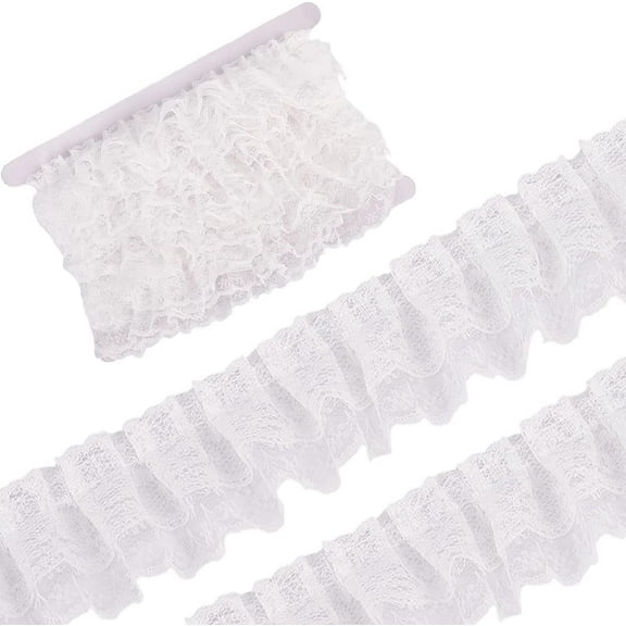 2-Layer Lace Ruffle Trim Mesh Pleated Chiffon Ribbon 10.9 Yards×2 Inch Organza Satin Ruffled Lace Fabric Ruffle Trim Fringe Satin Pleated Ribbon for DIY Sewing Clothing Embellishment White White
