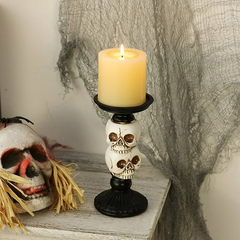 Skull and Raven Candlestick Holders Set of 2 for Halloween