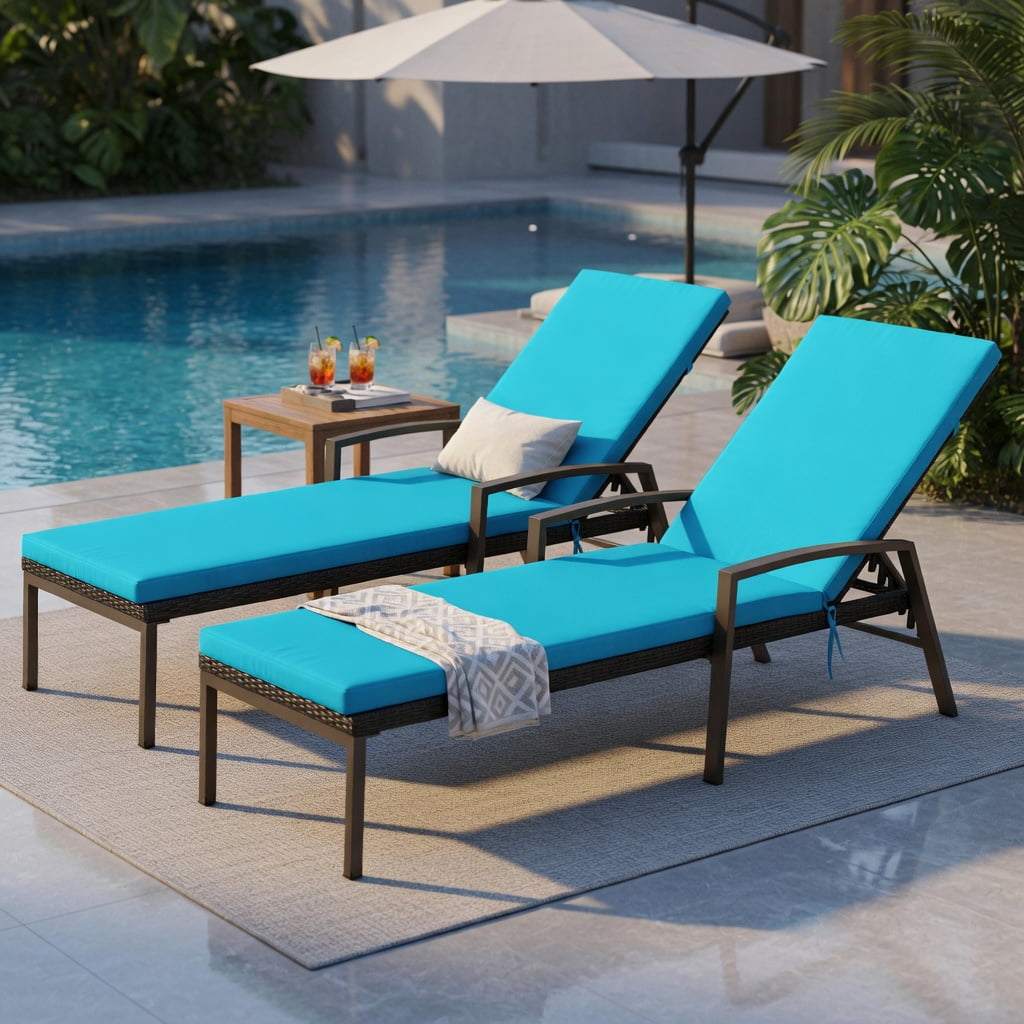 Hommoo 2-Pack Adjustable Outdoor Lounge Chairs with Removable Cushions, Steel Frame, Weather-Resistant PE Rattan, 5-Position Reclining Backrest, Turquoise