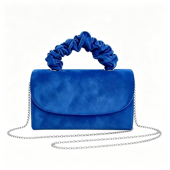 Wynndora Royal Blue Faux Suede Evening Clutch, Ruched Top Handle Mini Square Flap Bag with Detachable Chain Strap, Magnetic Snap Purse for Wedding Cocktail Party
