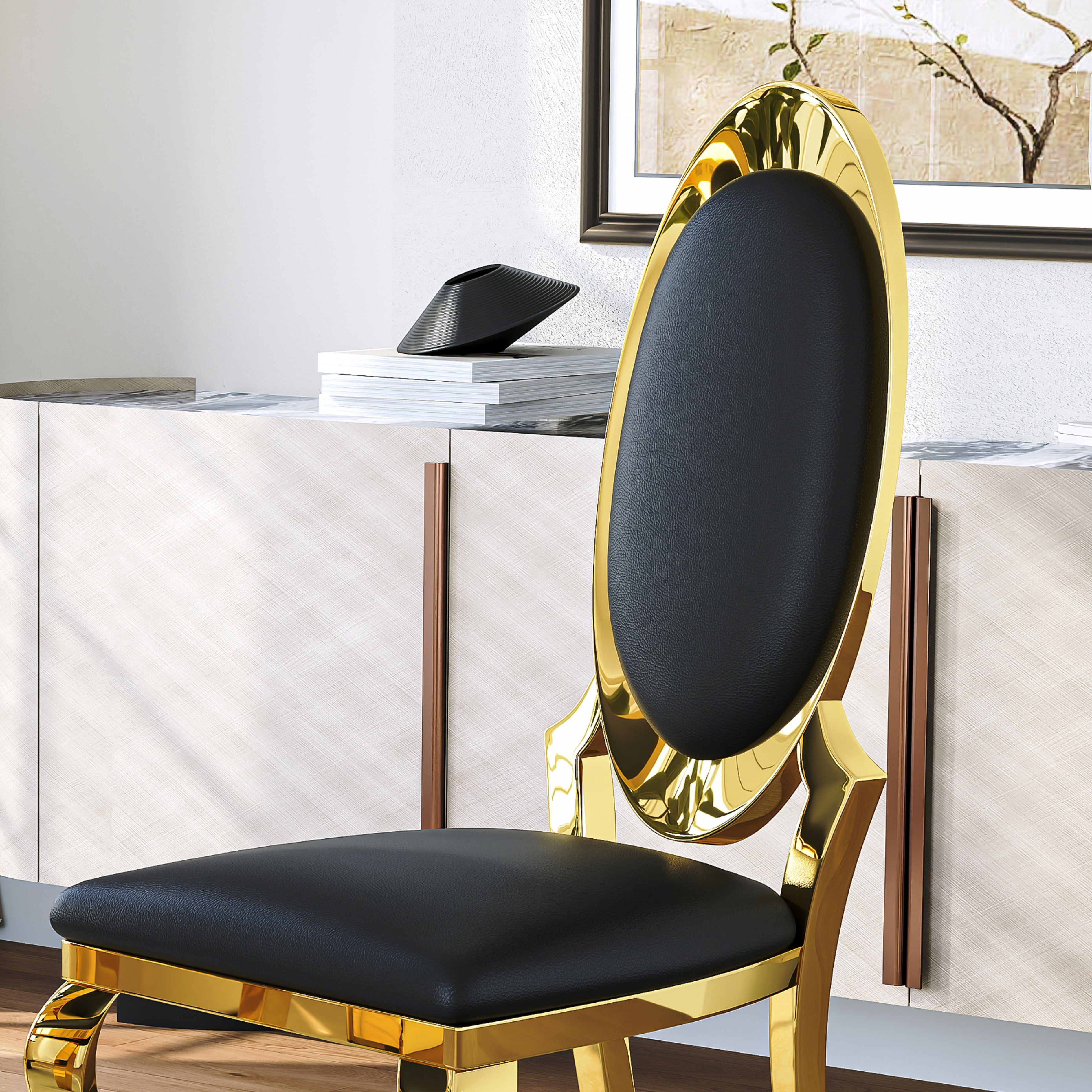 Luxury Dining Chairs Set of 4, Oval Back PU Upholstered Chairs with Stainless Steel Cabriole Legs, Dining Chairs for Kitchen, Living Room, Office