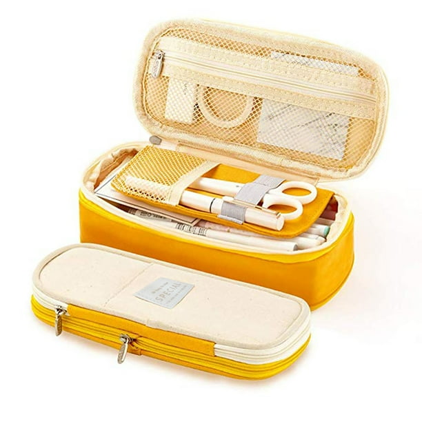 Yhmxh Estuche para lápices de gran capacidad, estuche de lona con múltiples compartimentos para bolígrafos, organizador de artículos de oficina portátil con bolsillos de malla, estuche expandible c