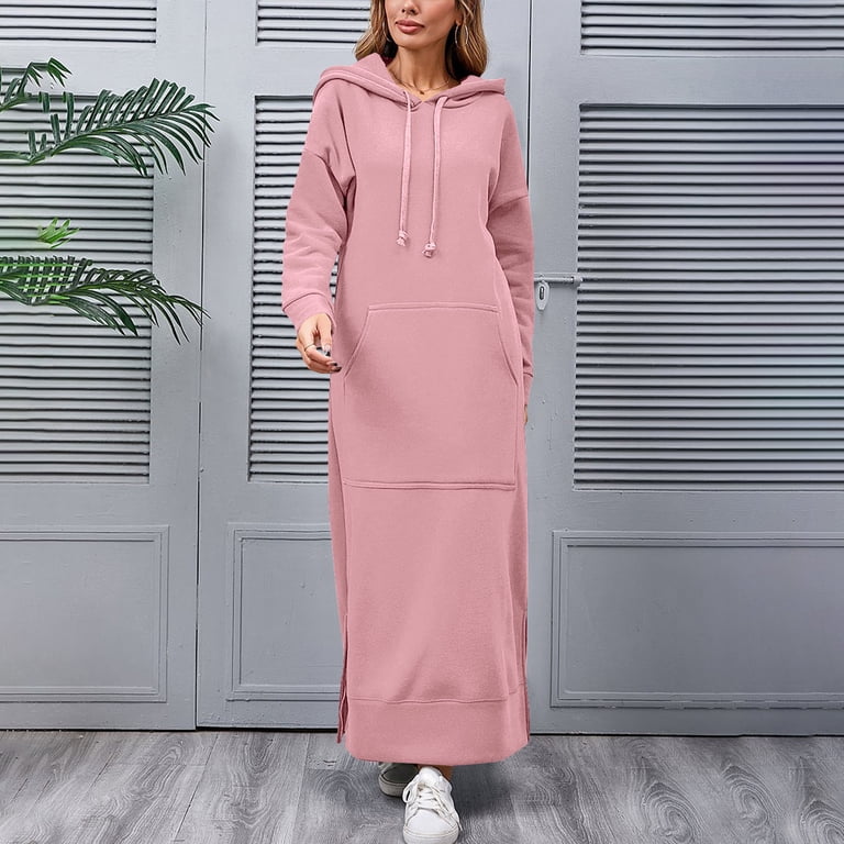 Fdgiu Women's Hoodie Dress - Plus Size Knit Oversized Maxi Length Long Sleeve Pocket Casual Warmy Pullover, Size: 2XL, Pink