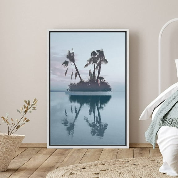 PixonSign Framed Canvas Print Wall ArtNeon Palm Tree Island Reflection Coastal Ocean Photography Realism Bohemian Scenic Colorful Multicolor Pastel for Living Room, Bedroom, Office - 24"x36" White