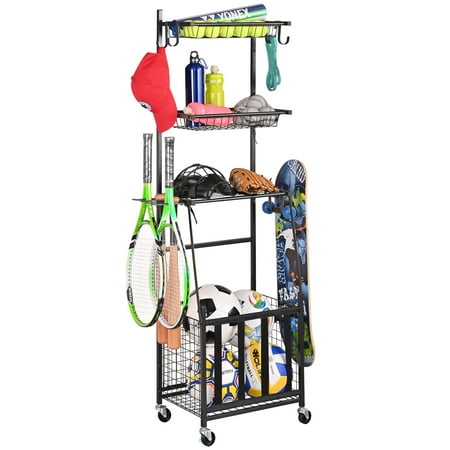 PLKOW Sports Equipment Storage for Garage, Indoor Outdoor Sports Rack for Garage, Ball Storage Garage Organizer with Basket and Hooks,Toy Sports Gear Storage C27