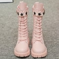 thumbnail image 4 of Lovzfmll Boots for Boys Girls, Star Lace Up British Style Mid Calf Boots, Round Toe Chunky Heel Leather Cowboy Winter Shoes for Kids 9-9.5 Years, Pink, 4 of 9