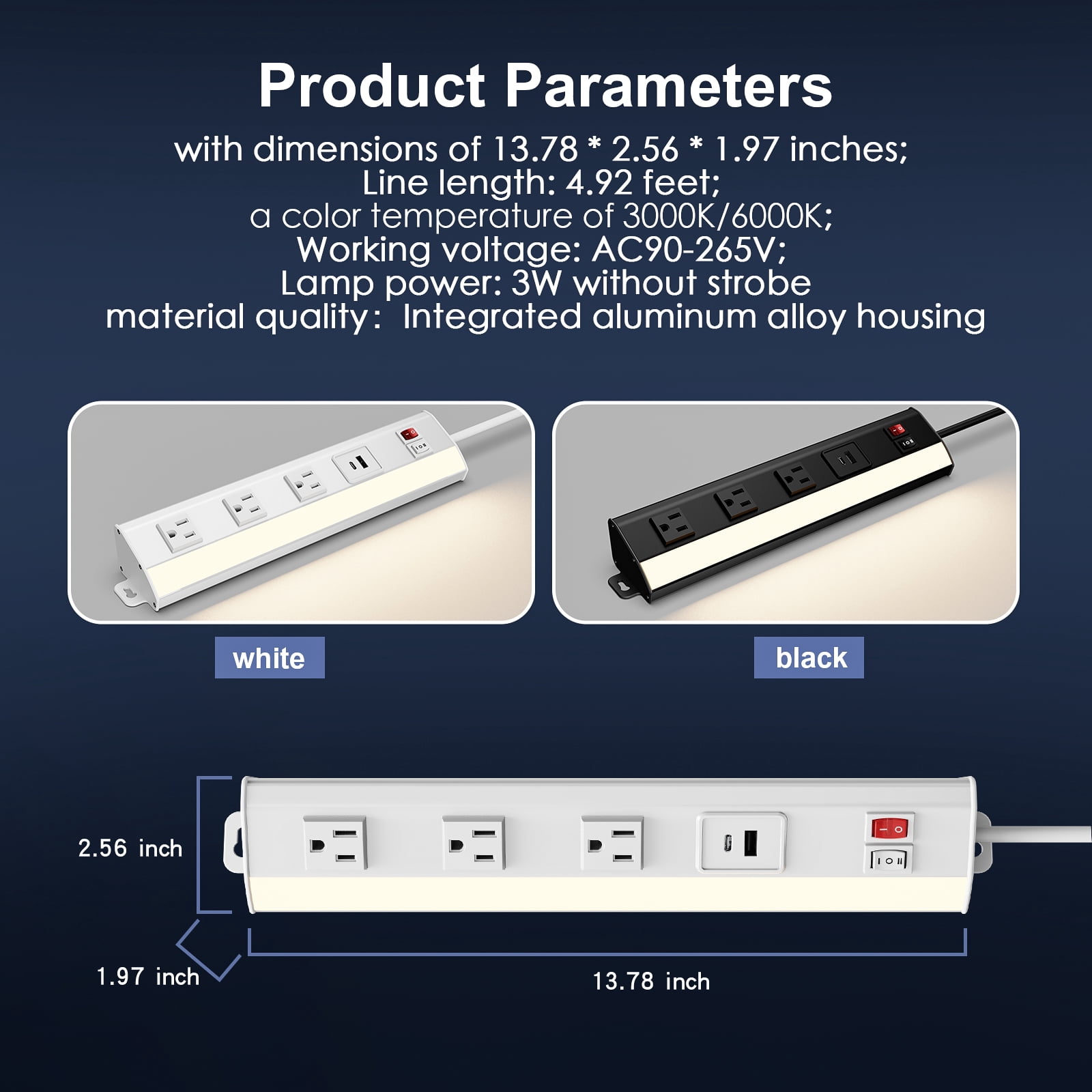 Multi-Functional Power Strip with Under Cabinet Lights Bar, 3 AC Outlets & 2 USB Ports Support USB/Type-C Fast Charging, Aluminum Shell & 2 CCT 3000K/6000K, Under Tool Cabinet Lights