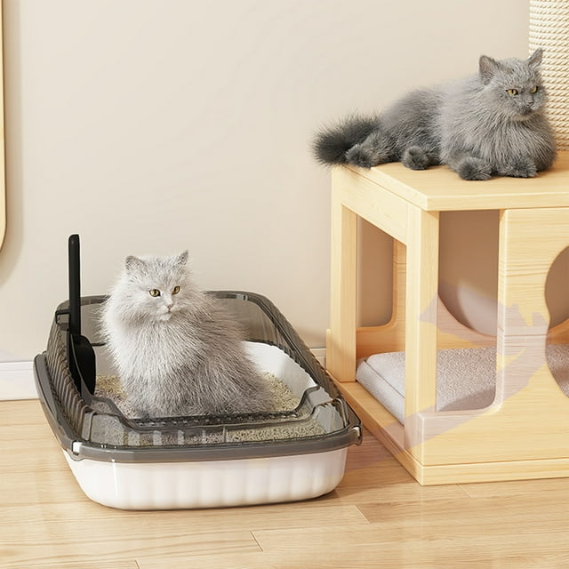 Bac à Litière Semi-Fermé à Barre Haute avec Motifs Anti-Éclaboussures Offre un Espace Ample pour Chats Inclut une Pelle pour Chatons