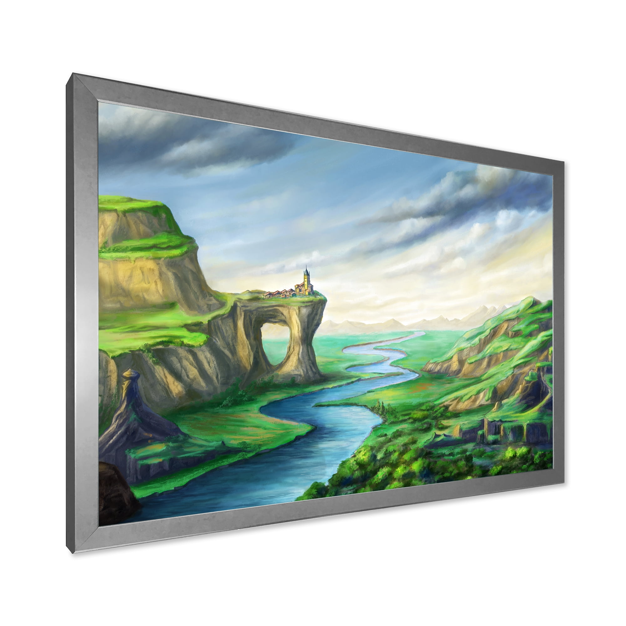 Meandering River With Blue Fantasy Landscape 32 in x 16 in Framed Painting Canvas Art Print, by Designart