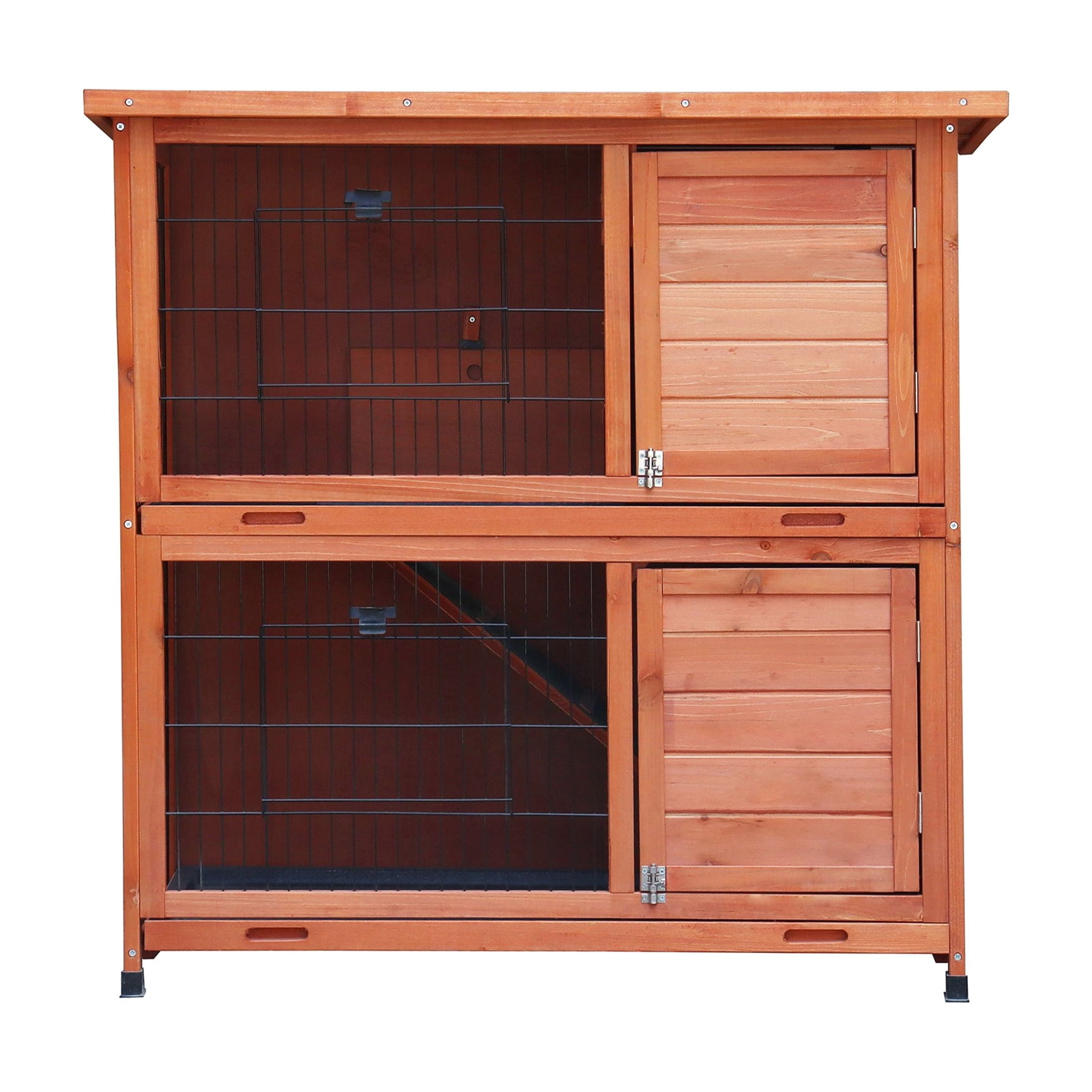 JERFIT 2-Story Rabbit Hutch with Outdoor Run, Natural Wood & Metal Bunny Cage, Waterproof Roof, No-Leak Pull-Out Trays, Non-Slip Ramp for Rabbits & Small Animals