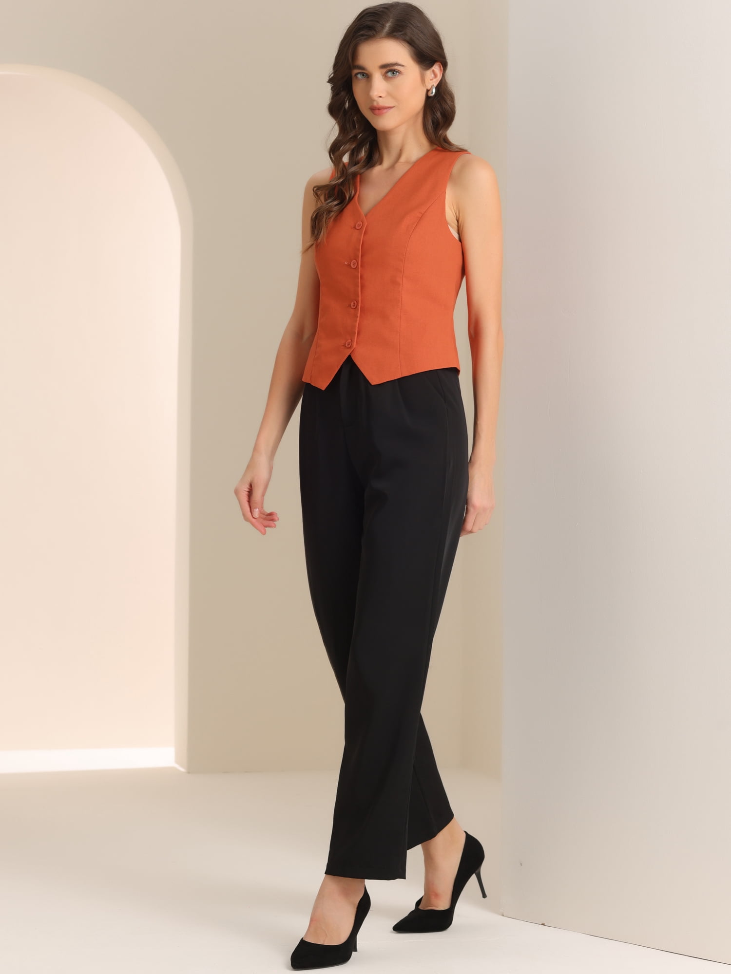 DARING DIVA Women's Button Down Sleeveless V Neck Crop Top Summer Vest XL Orange