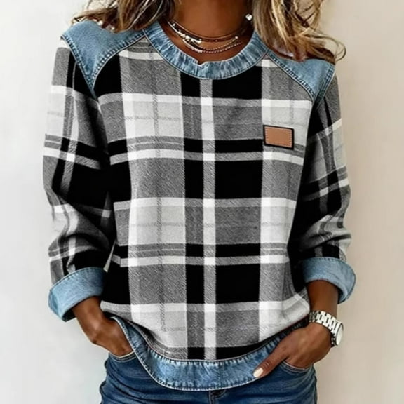 Roncen Women's Plaid Denim Patchwork Crewneck Sweatshirt - Loose Fit Hoodless Casual Pullover Top for Street Style and Everyday Comfort