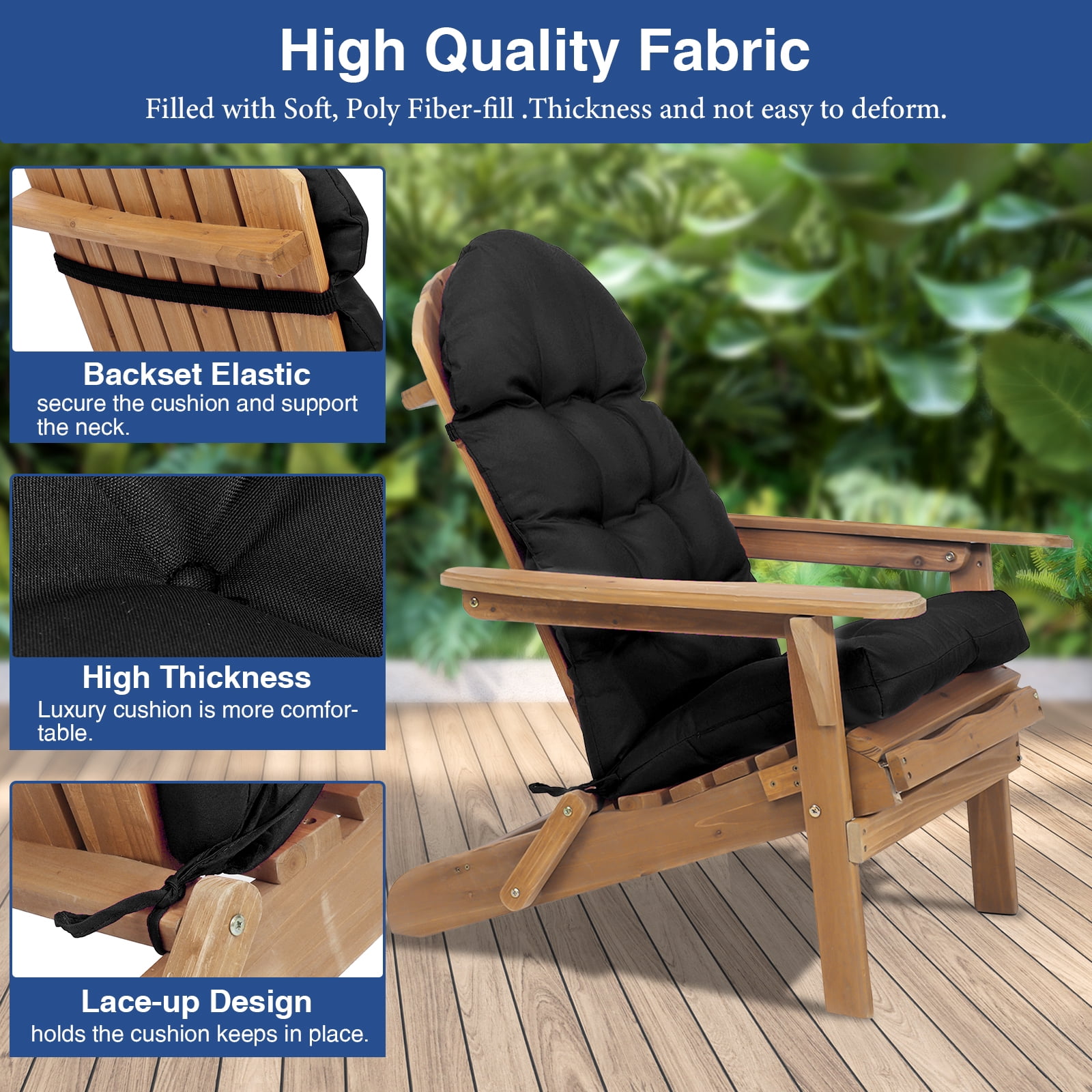 YEERSWAG Outdoor Adirondack Chair Cushions 43x20, Non-Slip Water Resistant High Back Patio Rocking Chair Pad with Ties, Black