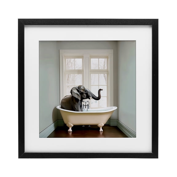 Minimal Elephant Bathtime Black Framed Print Under Glass, design by Sasha